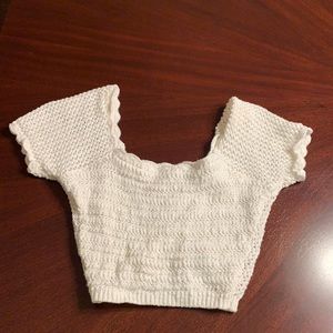 White squareneck scalloped crotchet see through back and sleeves crop top